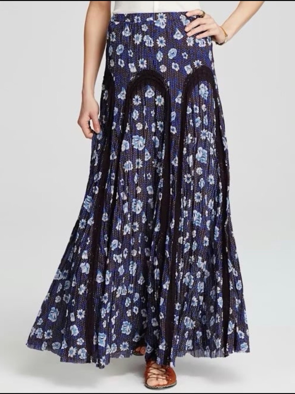 Free People Navy Pleated Floral Maxi Skirt